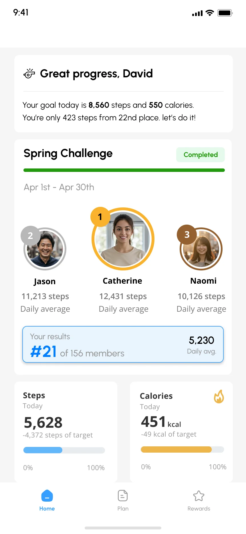 WeMove app showing Spring Challenge with leaderboard podium, daily progress, and step tracking