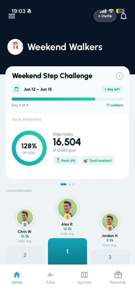 WeMove app home screen showing a live team step challenge and leaderboard