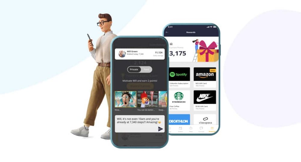 Person walking next to app for helping people stay motivated to improve their wellness