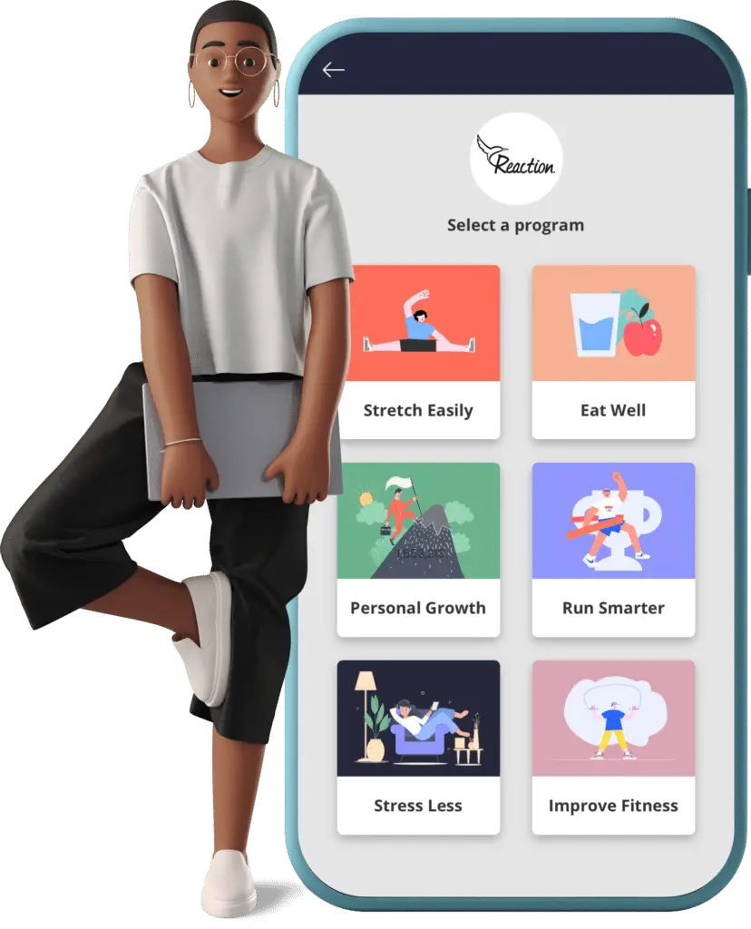screen of an app with wellness program and an employee standing on one leg next to it